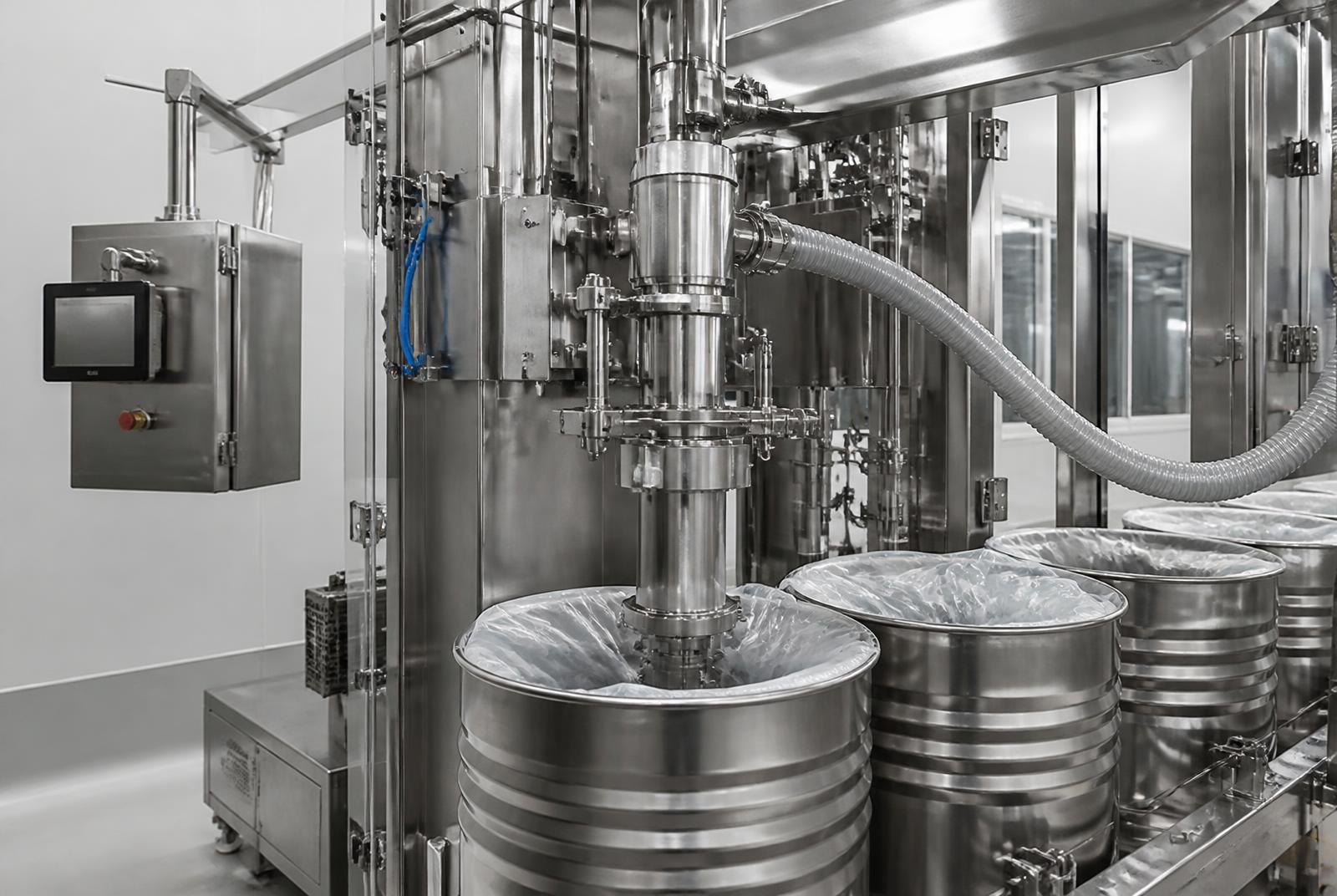 Sterile filling head of an aseptic filling machine dosing product into steel drums with aseptic liners