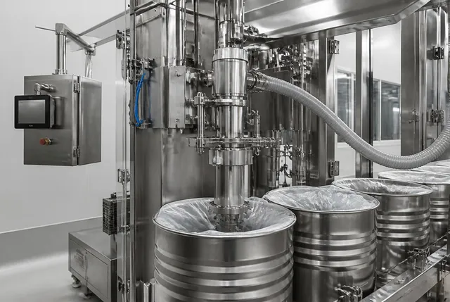 Riempitrice asettica per sacchi in fusti e bins con testata di riempimento sterile