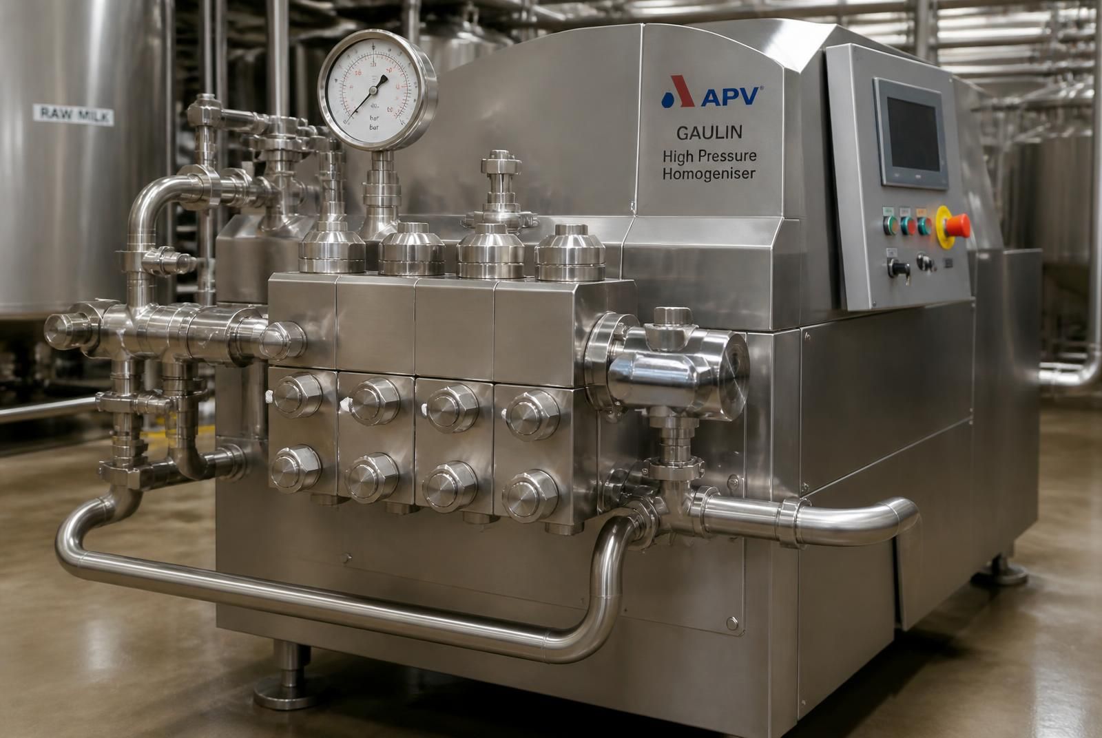 High-pressure industrial homogenizer with pressure gauge, homogenising valve block, sanitary piping and control panel in a dairy plant
