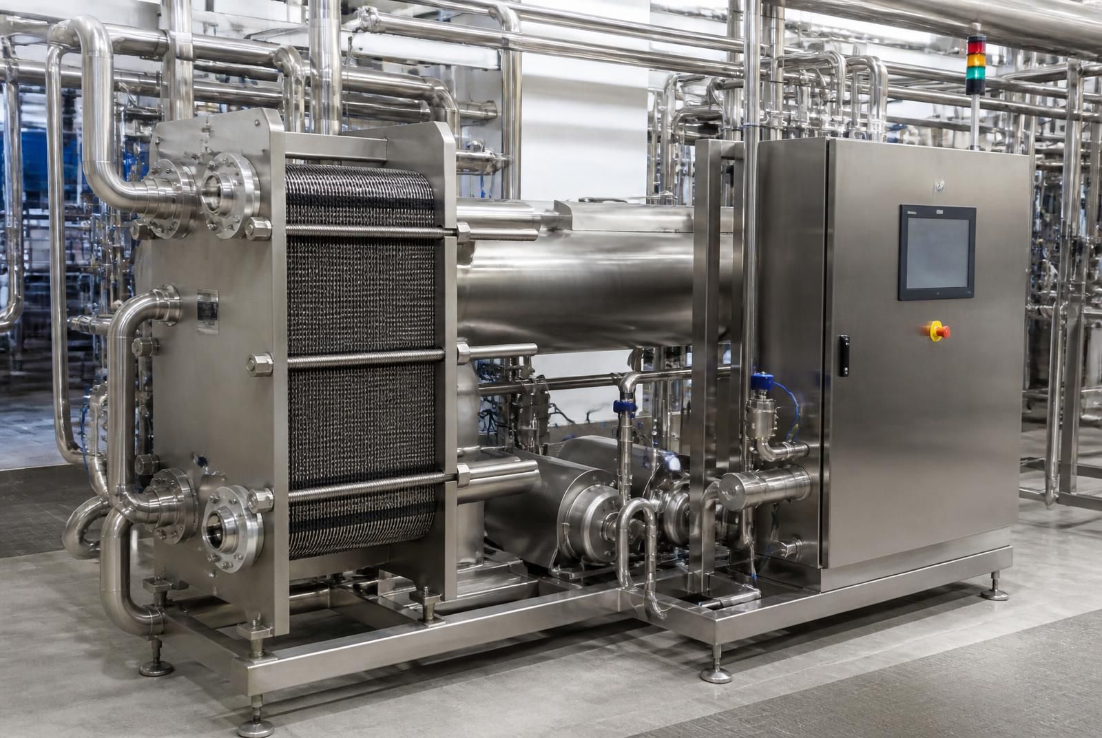 Tubular UHT steriliser skid with plate pack, holding tube, sanitary pumps and control cabinet