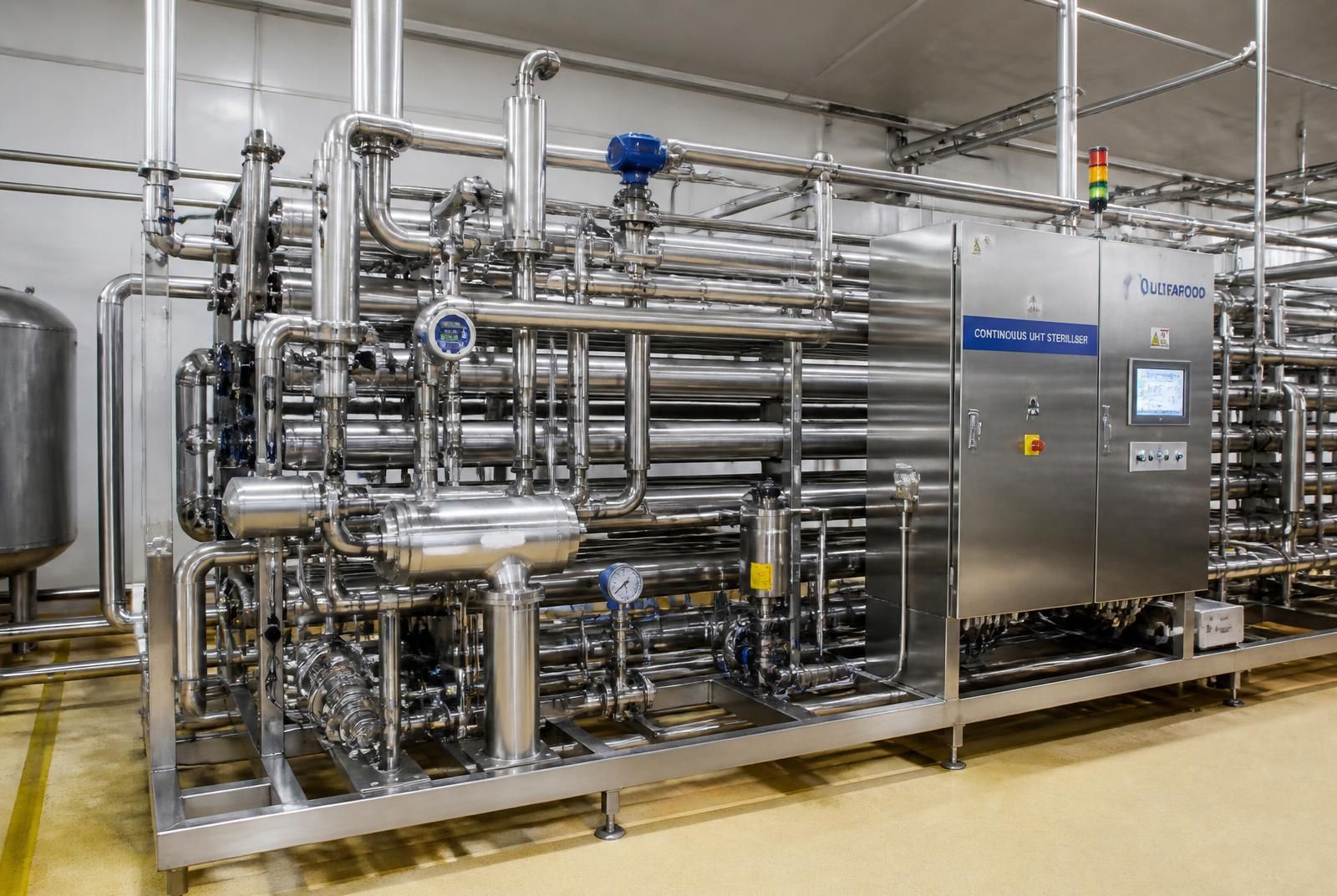 Continuous UHT industrial steriliser skid with tubular heat exchanger banks, holding tubes, instrumentation and control cabinet