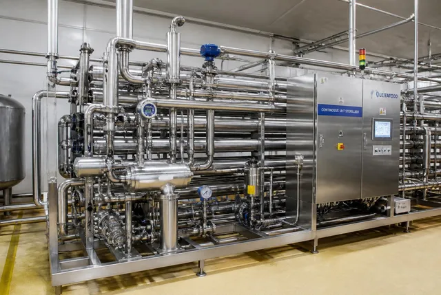 Skid di sterilizzazione industriale con scambiatori tubolari e valvole sanitarie