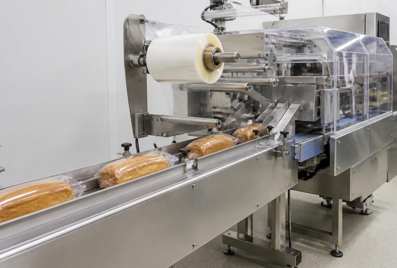 Confezionatrice orizzontale flow-pack che avvolge pani su nastro in acciaio inox
