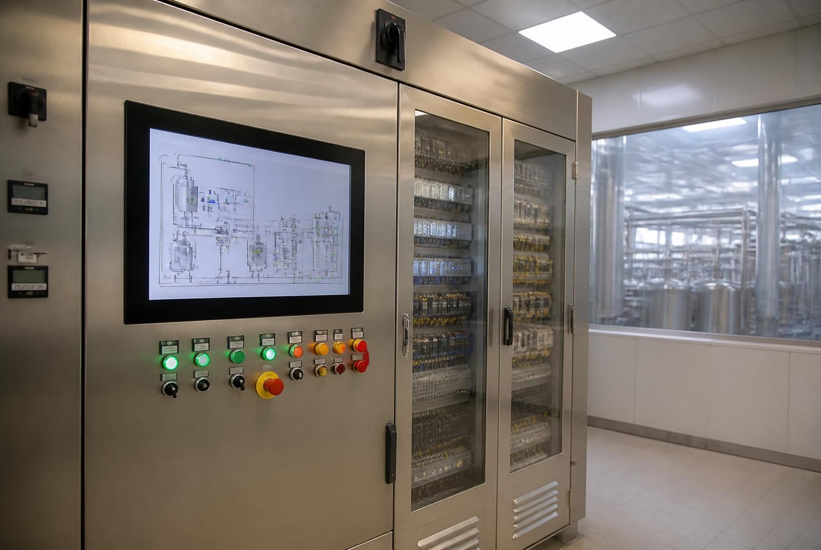 Quadro di automazione di impianto alimentare con pannello HMI touchscreen, pulsanti di comando e cabinet elettrici in acciaio inox