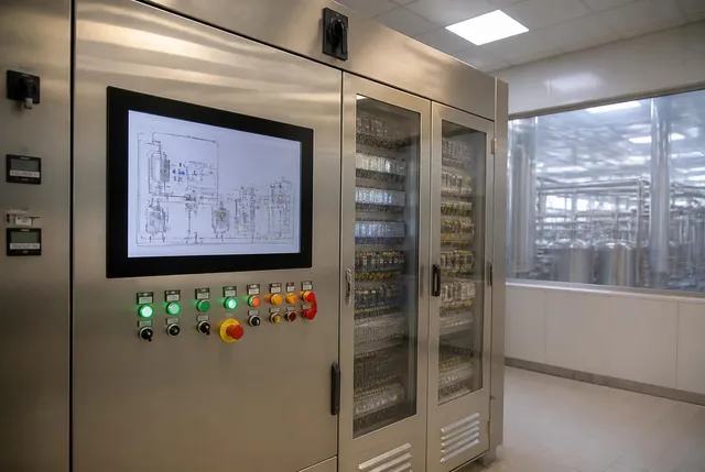 Quadro di automazione di impianto alimentare con pannello HMI touchscreen e cabinet elettrici