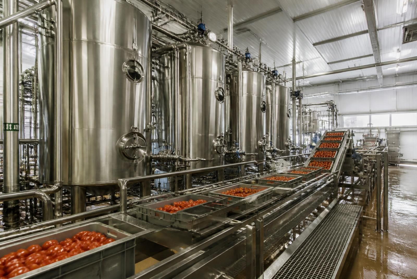 Tubular heat treatment section of a tomato processing line with stainless steel pipework and instrumentation