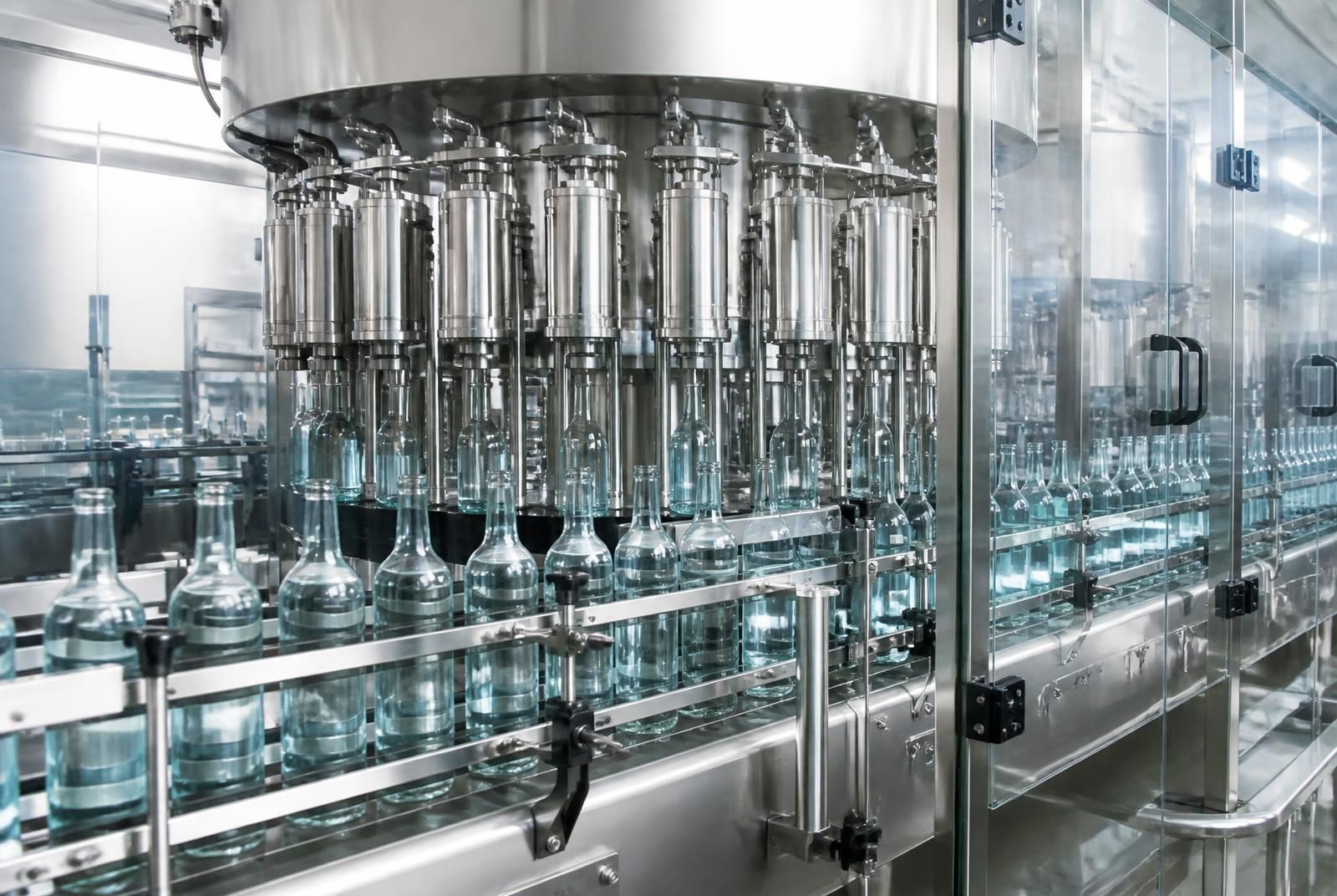 Beverage filling line with rotary filler, conveyors and bottles in a hygienic production hall