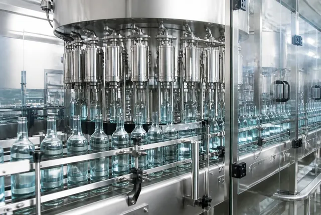 Riempitrice rotativa per bevande con bottiglie in vetro su nastro in acciaio inox