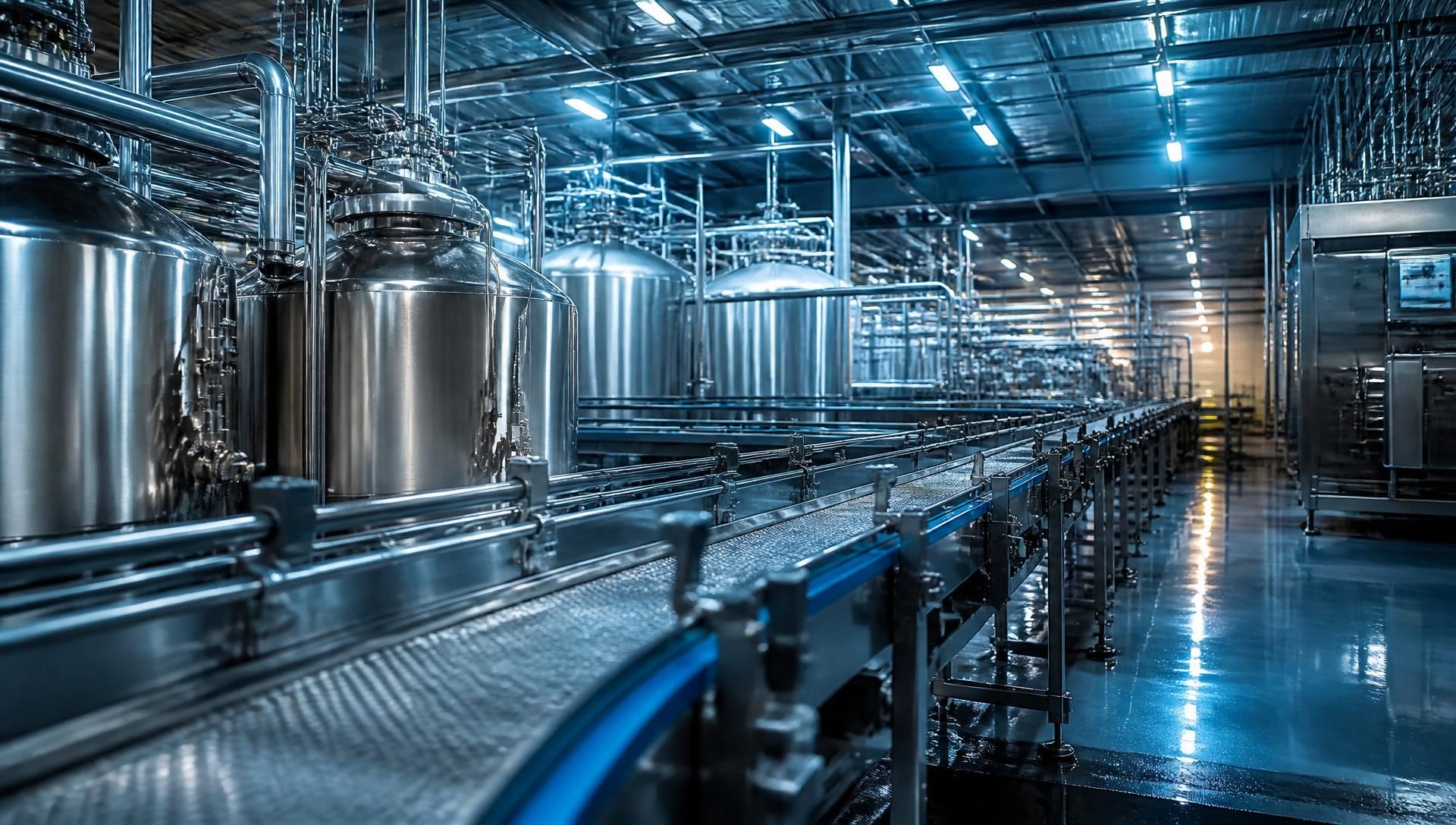 Interno di un impianto alimentare industriale: serbatoi in acciaio inox, tubazioni sanitarie e linee di trasporto.