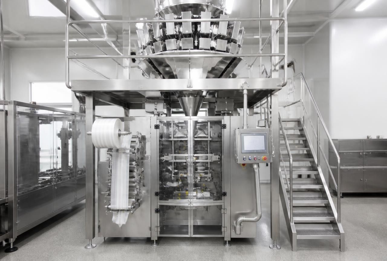 Confezionatrice verticale VFFS con pesatrice multitesta in reparto alimentare